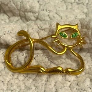 Vintage‎ Kat's Creations Gold Tone Brooch Green Gem Eyes Modern Contemporary